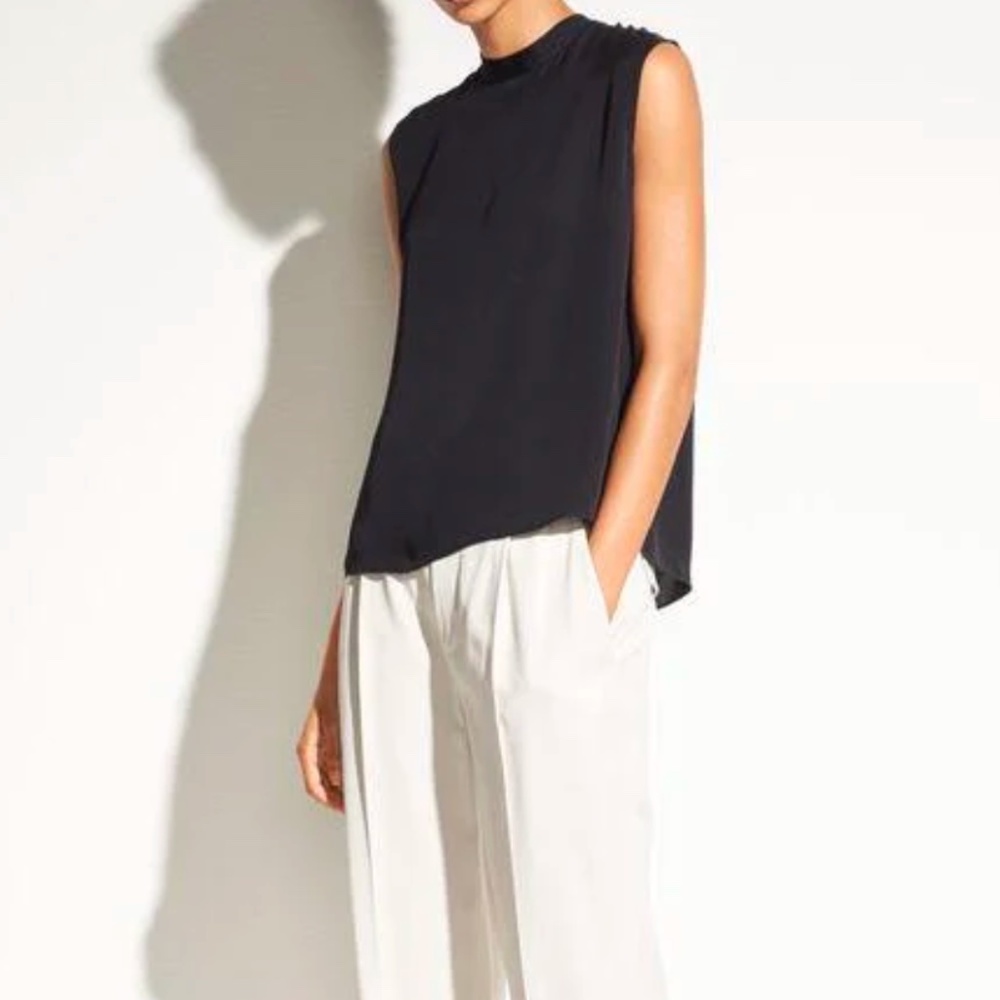 VINCE EUC Black Silk Sleeveless Mock Neck Tie Shell Top Blouse M